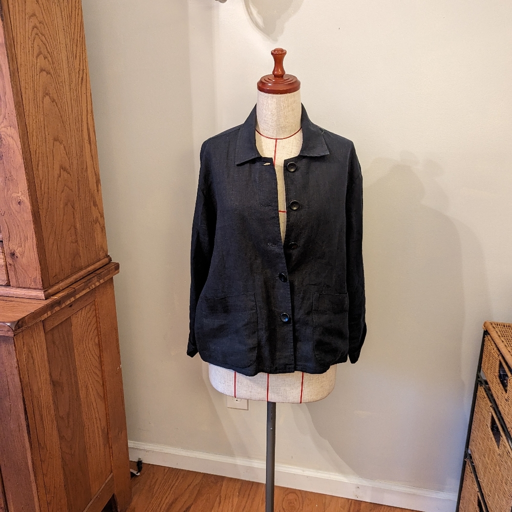 FLAX Womens Small Collared Jacket Black Linen Button Front 3/4 Sleeve